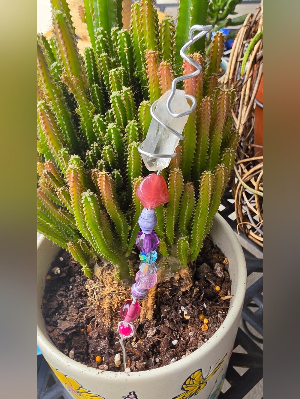 Handmade Beaded Crystal Plant Stick- Pink & Purple
